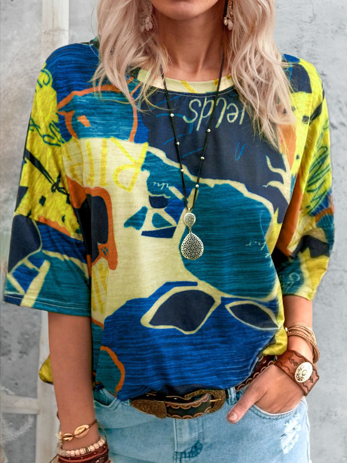 Fashion Ladies Round Neck Map Print T-shirt