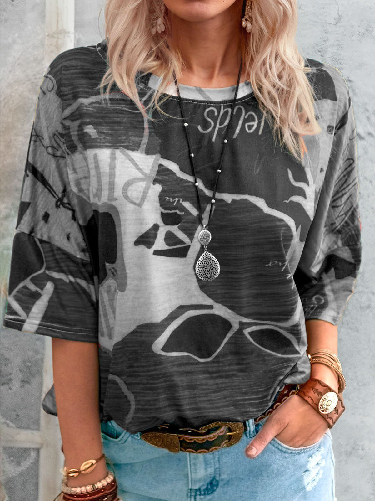 Fashion Ladies Round Neck Map Print T-shirt